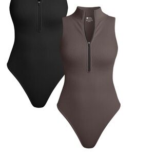 BROWN - TOB Women's Bodysuit Sexy Ribbed Short Sleeve Zip Stretch Tops